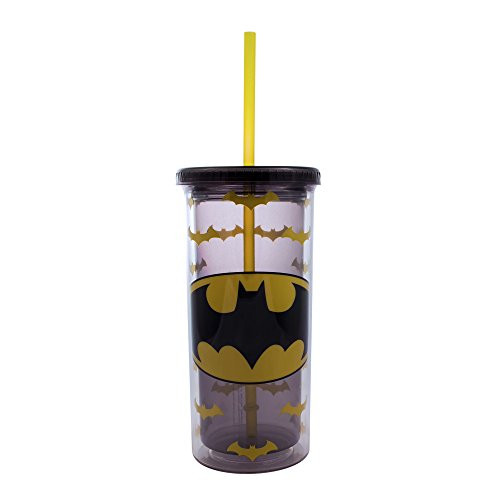 Silver Buffalo BN11268F DC Comics Batman Dual Logo Pattern Plastic Tall Cold Cup with Lid and Straw, 20 oz, Multicolor