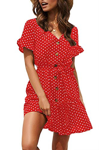 MISSLOOK Womens Polka Dot Button Down Dress Boho V Neck Short Sleeve Shift Dress Ruffle Mini Dresses with Belt _ Red XL