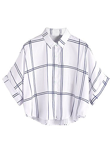 MakeMeChic Womens Collar Button Down Shirt Summer Knot Front Blouse Navy WhiteT L