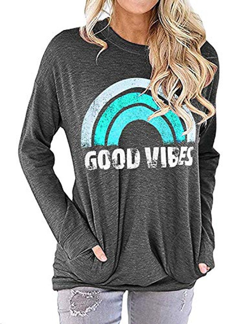 Hount Womens Good Vibes Long Sleeve Loose Tops Graphic T_Shirt Round Neck Casual Sweatshirts Tunic Top  Medium_ Green Rainbow