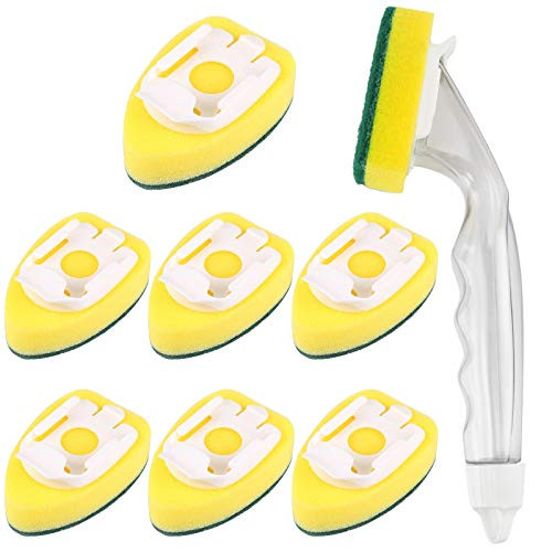1 Dish Wand and 8 Refill Replacement Heads_ Heavy Duty Dish Wand Sponge_ Dish Spong with Handle_ Non Scratch_ Dish Scrubber for Washing Bowl_ Pot_ and
