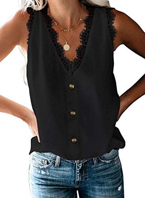 Uusollecy Womens Button Down V Neck Lace Trim Tank Tops Casual Loose Sleeveless Blouse Shirts Uusollecy Womens Button Down V Neck Lace Trim Tank Tops Casual Loose Sleeveless Blouse Shirts