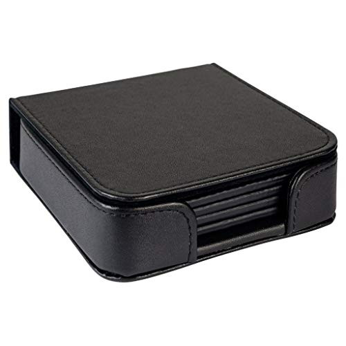 Estrend PU Leather Coasters with Holder Set of 4_ Rounded Square Black Coaster for Cold  and  Hot Drinks