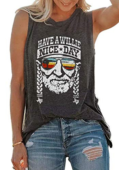 SUNFLYLIG Have A Willie Nice Day Shirts Willie Nelson Graphic Tank Tops Womens Country Music Summer Sleeveless Vest Tee Large_ Grey