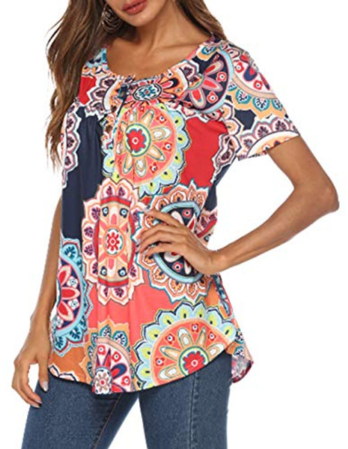 Womens Paisley Printed Button Top Short Sleeve V Neck Pleated Casual Flare Tunic Loose Blouse Shirt Navy Blue_ XL Womens Paisley Printed Button Top Short Sleeve V Neck Pleated Casual Flare Tunic Loose Blouse Shirt Navy Blue_ XL