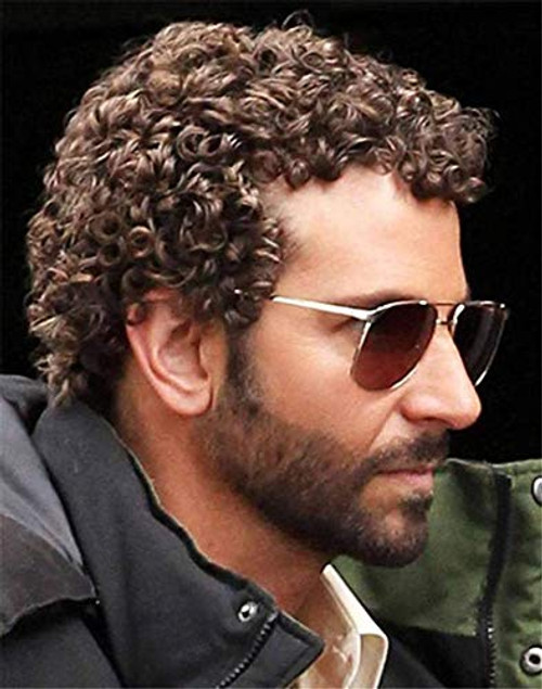 Swiking Mens Short Brown Afro Wig for Male Guy Curly Rocker Wig California Halloween Cosplay Costume Full Wigs