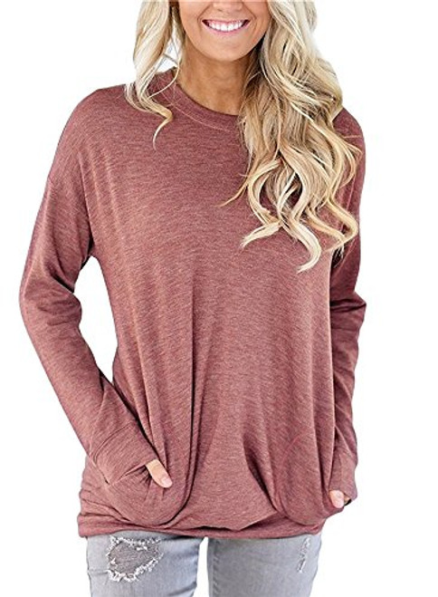 Womens Sweatshirts Long Sleeve Pullover Tshirt Pockets Casual Loose Blouse Tops BRD_L Brick_red Womens Sweatshirts Long Sleeve Pullover Tshirt Pockets Casual Loose Blouse Tops BRD_L Brick_red