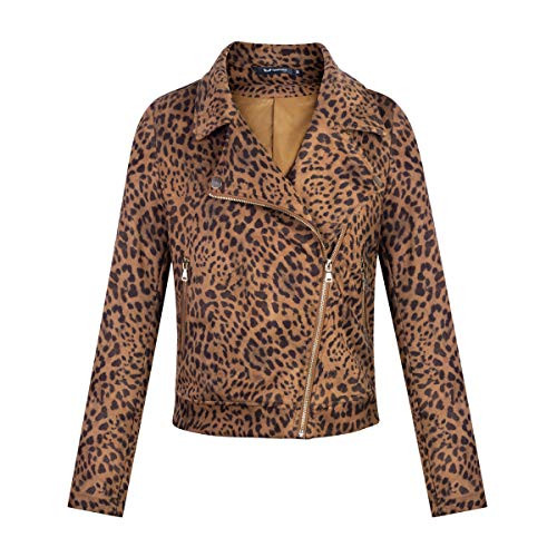 Apperloth Faux Suede Jackets for Women Long Sleeve Zipper Short Moto Biker Coat  Style 2_ Coffee Leopard_ S