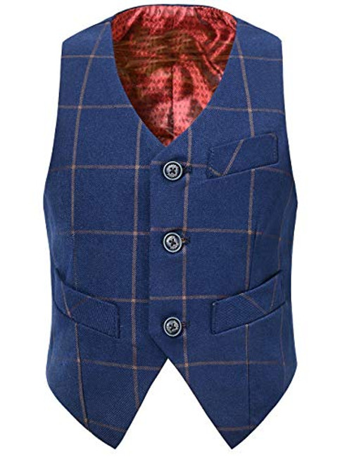 Visaccy Kids Vest for Toddler Boys Vest 3 Buttons Formal Suit Vest Plaid Blue Size 4T