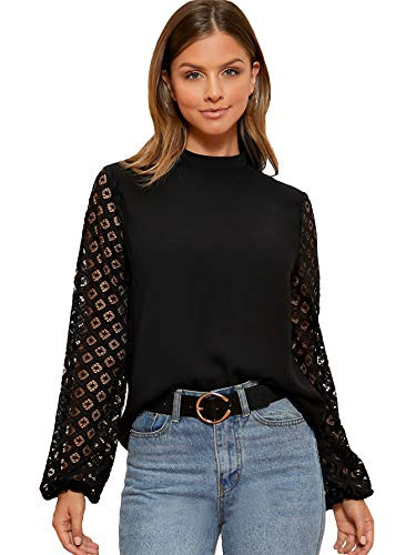 Romwe Womens Long Sleeve Stand Contrast Lace Collar Casual Button Blouse Pullover Tops Black L