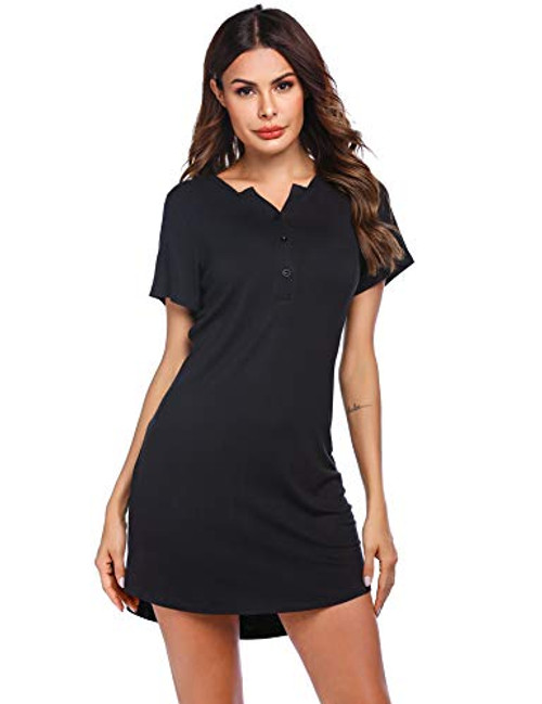 Ekouaer Nightgown Women Nightshirt Sleep Shirts Boyfriend Sleepwear Button Down Sleep Dress Black