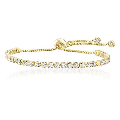MIA SARINE 3mm Round Cubic Zirconia Adjustable Bolo Tennis Bracelet for Women in Yellow Gold Plated Brass  Yellow