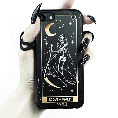 Rogue  plus  Wolf Death Tarot Card Phone Case with Metallic Gold Mirror Details Compatible with iPhone 11 Pro Max Cases Wiccan Goth