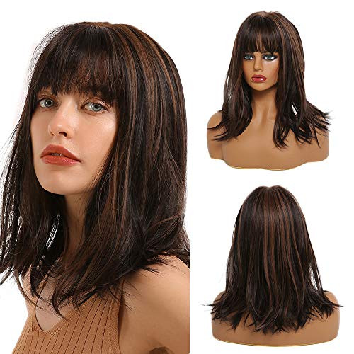 ALIWEI Brown Straight Highlights Wig Synthetic for Women Mix Brown Bob Wig With Bangs Short Highlights Wig Ombre Natural Looking Middle Part Cosplay D