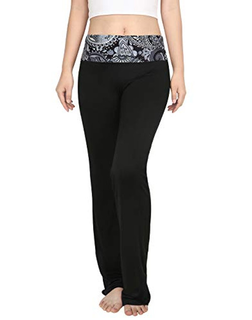 HDE Foldover Athletic Yoga Pants Gym Workout Leggings  Black Paisley_ 2X