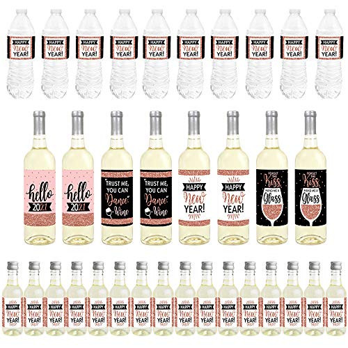 Big Dot of Happiness Rose Gold Happy New Year _ Mini Wine Bottle Labels_ Wine Bottle Labels and Water Bottle Labels _ 2021 New Years Eve Party Decora
