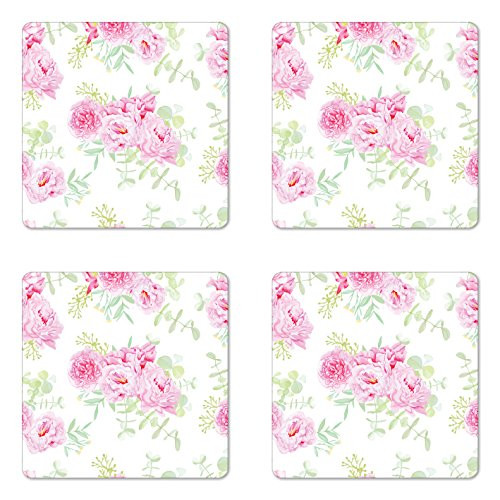 Lunarable Shabby Chic Coaster Set of Four, Serenity Garden Theme with Pastel Colored Peonies and Green Leaves, Square Hardboard Gloss Coasters for Drinks, Pale Pink Pale Green