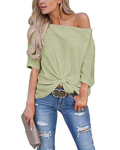 LACounceY Womens Casual Waffle Knit Off The Shoulder Tops Side Twist Knot Batwing Shirt Tunic Blouse Olive Green X_Large 1618