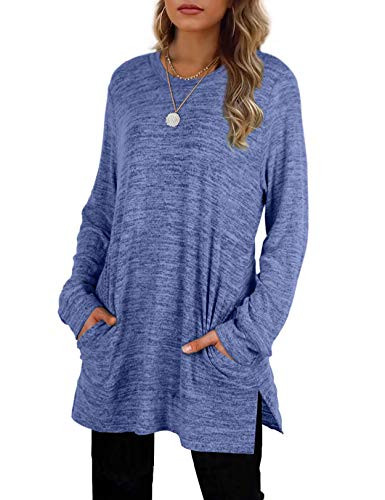 Bolomi Womens Casual Sweatshirts Long Sleeve Pullover Shirts Round Neck Oversized Tunic Tops with Pockets Blue X_Large