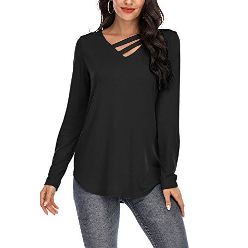 Davenil Womens Long Sleeve Tops V_Neck Criss Cross Loose Fit Tunic Tops Irregular Hem Casual Shirt Black Size XXL