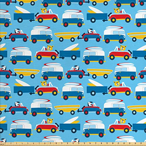 Ambesonne Cartoon Fabric by The Yard_ Puppy in Cars Traffic Jam Surfboard Beach Road_ Decorative Fabric for Upholstery and Home Accents_ 1 Yard_ Blue