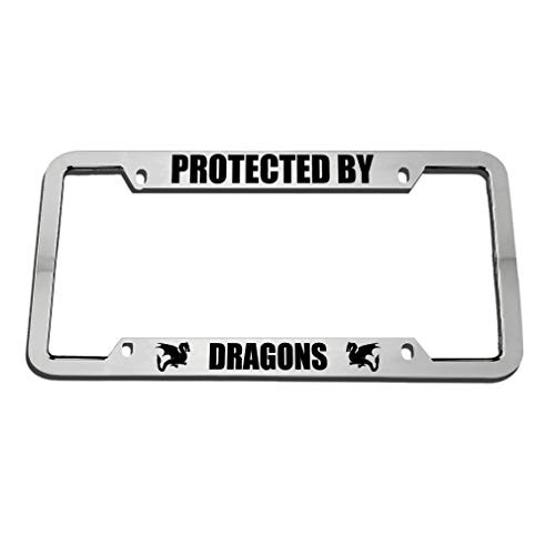 Speedy Pros Protected by Dragons Zinc Metal License Plate Frame Car Auto Tag Holder Chrome 4 Holes Speedy Pros Protected by Dragons Zinc Metal License Plate Frame Car Auto Tag Holder Chrome 4 Holes