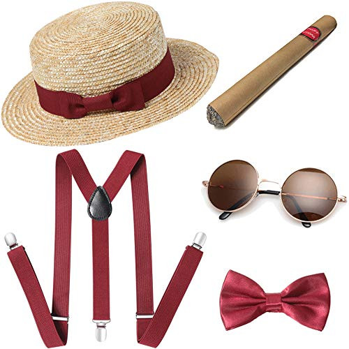 BABEYOND 1920s Mens Gatsby Gangster Costume Accessories Set Manhattan Fedora Hat Suspenders  Set_7