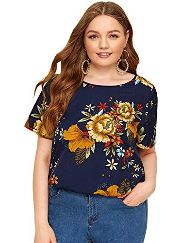 Milumia Womens Plus Size Floral Print Chiffon Round Neck Short Sleeve Summer Blouse Top Navy Blue 3X_Large Plus