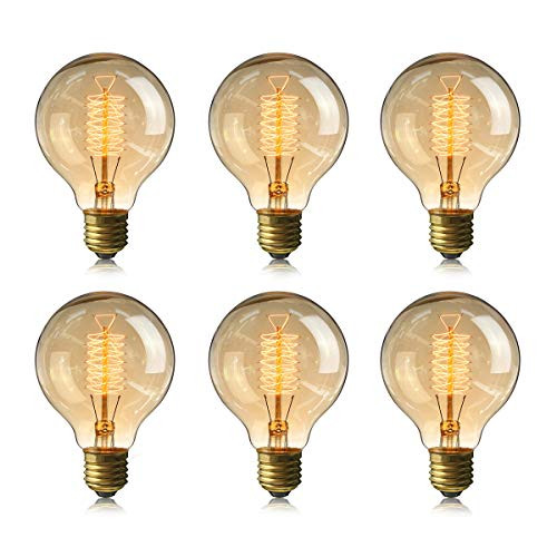 Globe Edison Bulbs_ 6_Pack 60w Vintage Edison Light Bulb_ Spiral Filament Edison Bulbs_ E26 Base _ Amber Tinted _ 110V _ Dimmable _ G80 Decorative Lig