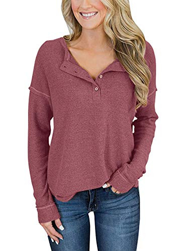 TEMOFON Womens Top Long Sleeve Waffle Knit Tops Casual Loose Henley Shirts Tunic Blouse with Buttons Brick Red L