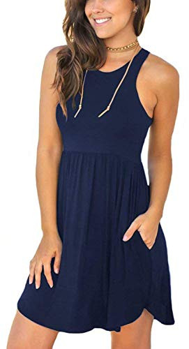 YUNDAI Womens Sleeveless Summer Casual Sundress Swimsuit Short Dress with Pockets M Navy