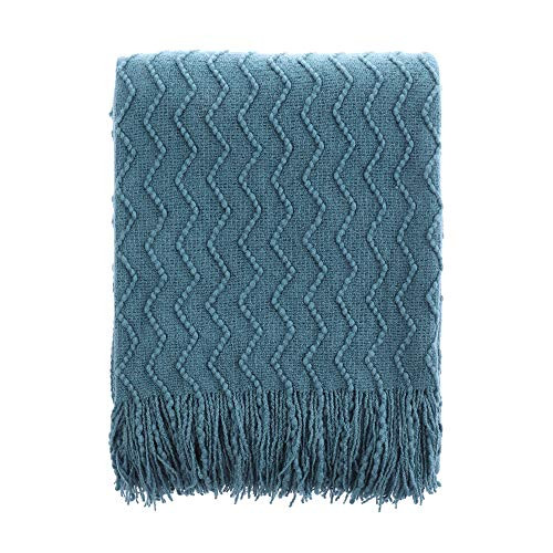 BATTILO HOME Lightweight Throw Blanket Textured Solid Soft Sofa Couch Cover Decorative Knitted Blanket_ 50 inch x60 inch _ Blue