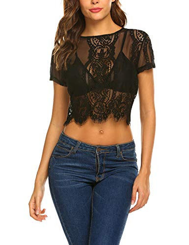 SoTeer Women Cute Lace Blouse Tops Short Sleeve Lace See Through Round Neck Shirt  Black XXL