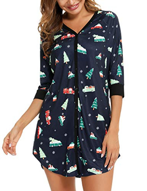 PHIZOI Womens Nightshirt V Neck Boyfriend Sleepwear Shirts Loose Nightgown Button Sleep Tee Navy PHIZOI Womens Nightshirt V Neck Boyfriend Sleepwear Shirts Loose Nightgown Button Sleep Tee Navy