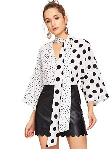 WDIRARA Womens Polka Dots Tie V Neck Elegant Colorblock 34 Sleeve Blouse Top Black and White XS
