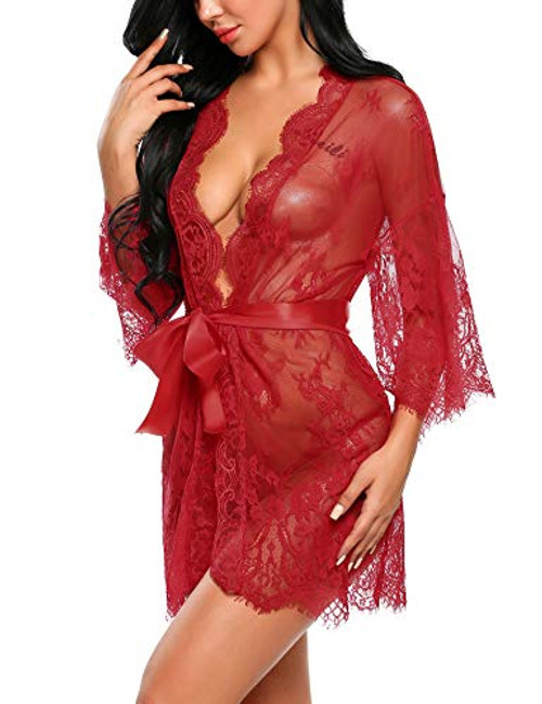 Avidlove red lace Robe Womens Lace Kimono Robe Babydoll Lingerie Mesh Nightgown Dark Red L Avidlove red lace Robe Womens Lace Kimono Robe Babydoll Lingerie Mesh Nightgown Dark Red L