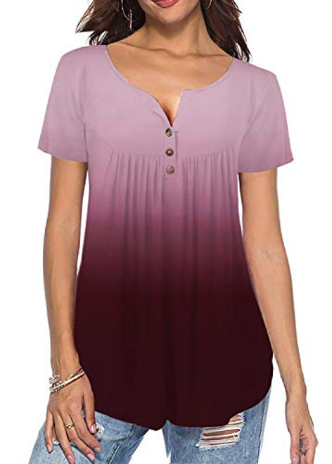 Womens Gradient Button Top Short Sleeve Henley Neck Shirt Pleated Casual Flare Tunic Loose Blouse TA39057 Red_S Womens Gradient Button Top Short Sleeve Henley Neck Shirt Pleated Casual Flare Tunic Loose Blouse TA39057 Red_S