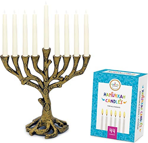 Menorah Tree of Life Mini_ Brass _ White Candles for All 8 Days of Hanukkah Included