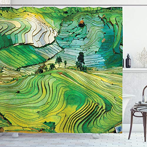 Ambesonne Landscape Shower Curtain_ Aerial Vista Photo of Nature Scenery Abstract Fields with Rocks and Trees Print_ Cloth Fabric Bathroom Decor Set w