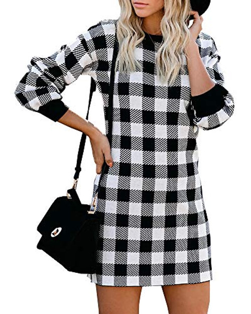 Imysty Womens Casual Plaid Print Long Sleeve Crew Neck Loose Tunic Mini Shift T_Shirt Dress Black