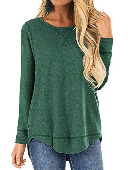 TEMOFON Womens Tops Long Sleeve Crew Neck Top Casual Loose Soft Blouse Tunic T_Shirts Green L