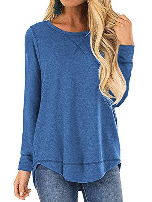 TEMOFON Womens Tops Long Sleeve Crew Neck Top Casual Loose Soft Blouse Tunic T_Shirts Blue L