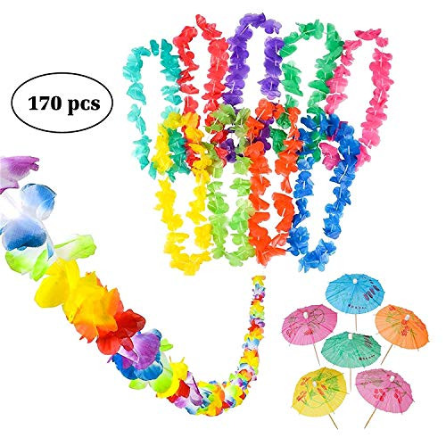 Neliblu Luau Party Supplies, Luau Bulk Party Pack Includes 1 9' Jumbo Flower Lei Garland; 144 Paper Hibiscus Parasol Umbrellas; 25 Jumbo 36" Tropical Flower Leis