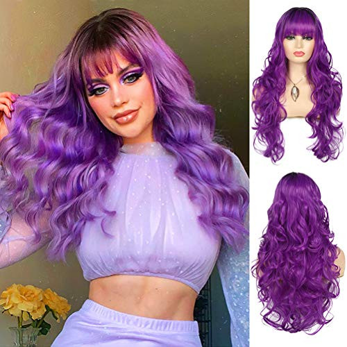 Women Ombre Purple Wig with Bangs Long Curly Wavy Synthetic Heat Resistant Halloween Costume Cosplay Hair Wig with Wig Cap