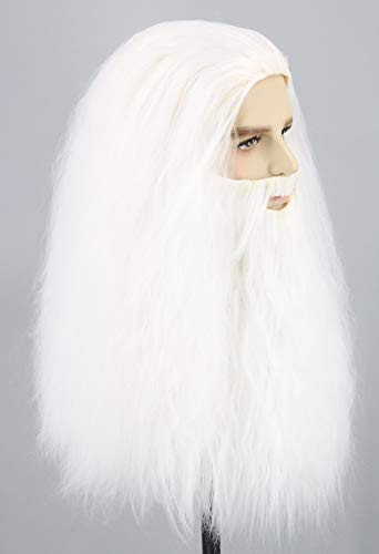 Lemarnia Dumbledore Wig and Beard Wizard Sorcerer Wigs White Long Curly for Halloween Cosplay