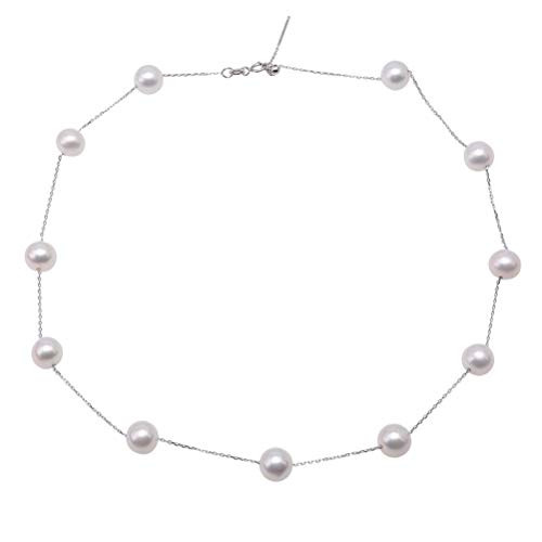 JYX Pearl Sterling Silver Chain Cultured Pearl Station Necklace 8_5_9mm Near Round White Pearls Necklace 18 inch