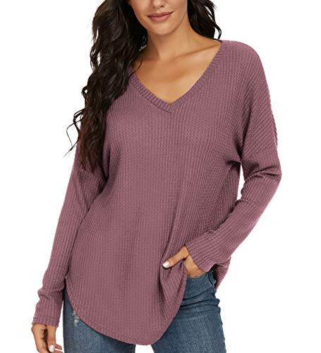 IWOLLENCE Womens Waffle Knit Casual Tunic V Neck Off Shoulder Shirt Batwing Sleeve Loose Pullover Tops Rust Red Medium