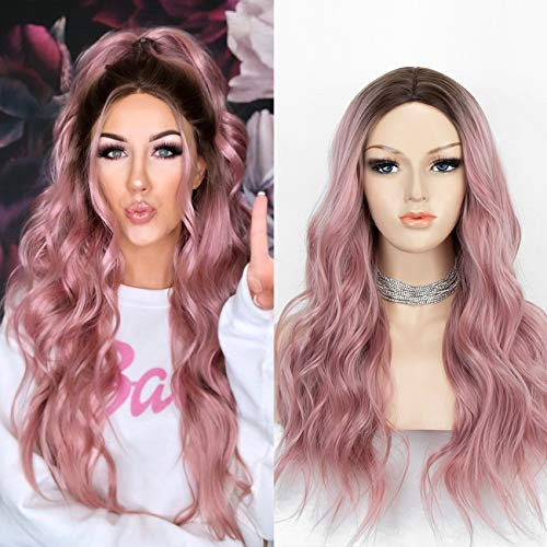 Kryssma Ombre Pink Wig with Dark Roots Long Wavy Synthetic Wigs for Women Cosplay 22 Inches Kryssma Ombre Pink Wig with Dark Roots Long Wavy Synthetic Wigs for Women Cosplay 22 Inches