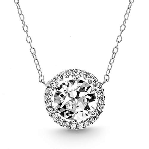 MIA SARINE Rhodium Plated Sterling Silver Solitaire with Halo Cubic Zirconia Necklace for Women  Round White