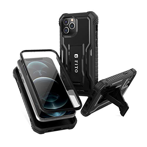 FITO Compatible with iPhone 12 Pro Max Case_ Dual Layer Shockproof Heavy Duty Case for iPhone 12 Pro Max with Screen Protector_ Built_in Kickstand  Bl